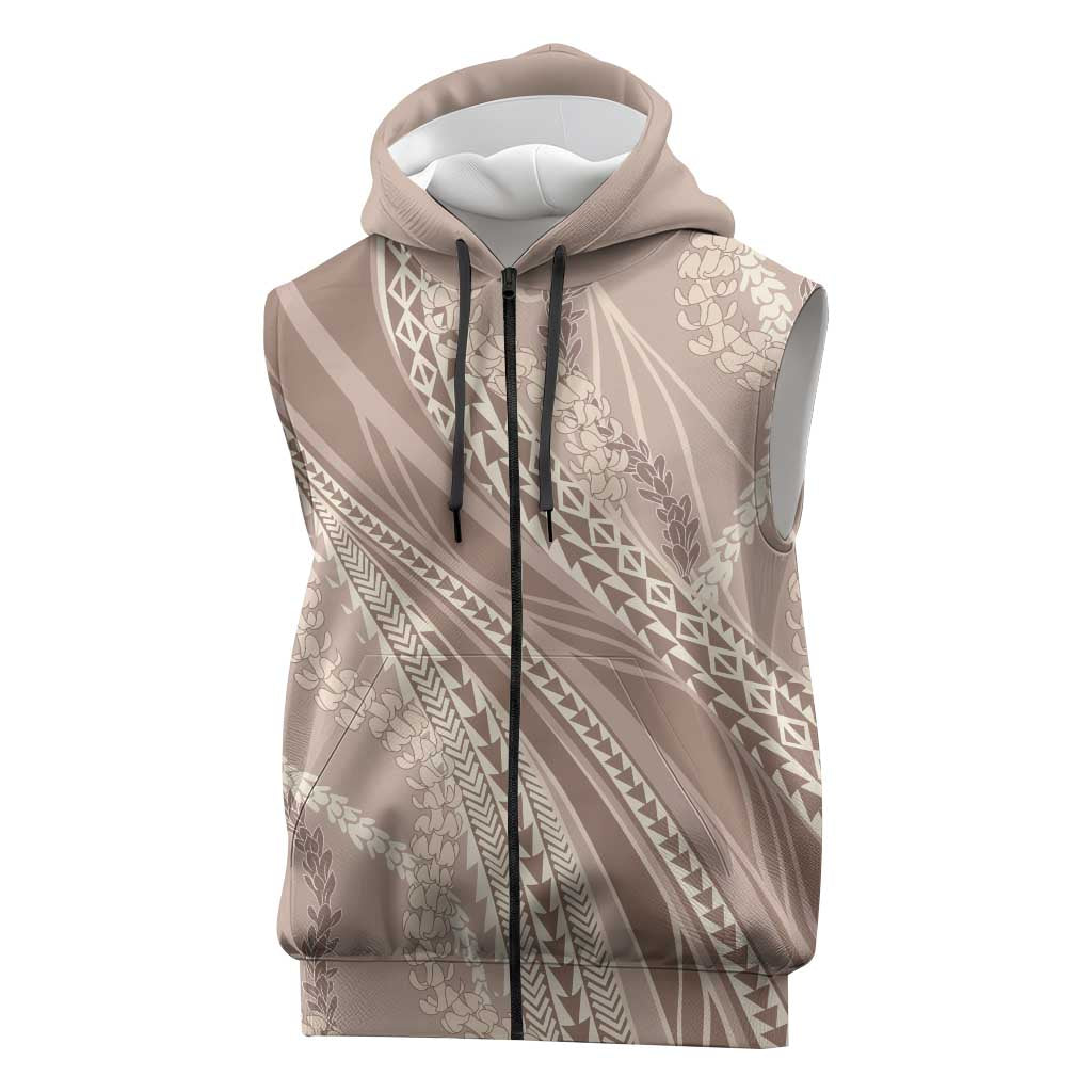 Polynesian Puakeniken Pikake Twisted Lei Sleeveless Zip Hoodie Beige - Polynesian Pride