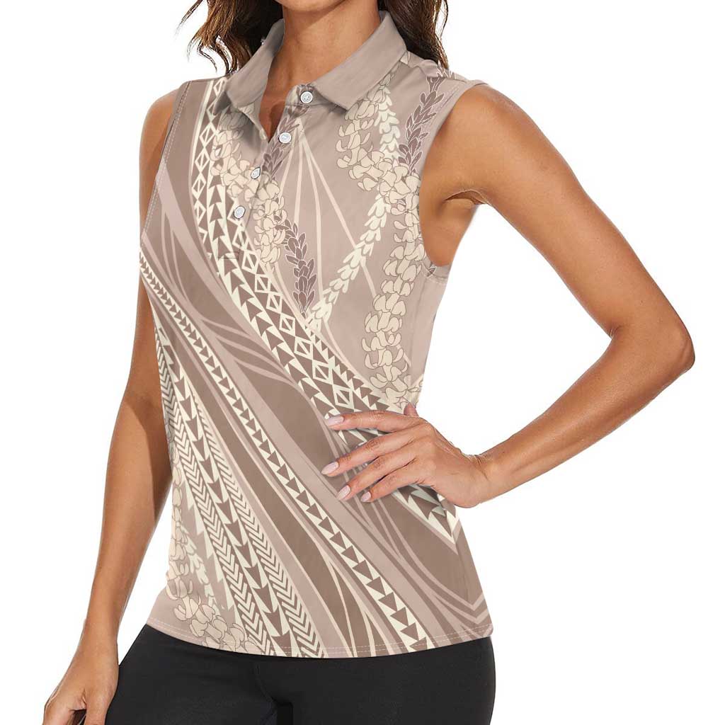 Polynesian Puakeniken Pikake Twisted Lei Women Sleeveless Polo Shirt Beige - Polynesian Pride