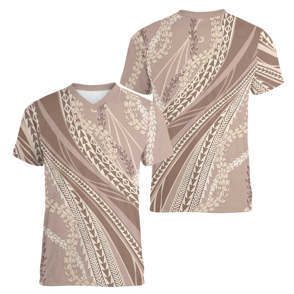 Polynesian Puakeniken Pikake Twisted Lei Women V-Neck T-Shirt Beige - Polynesian Pride