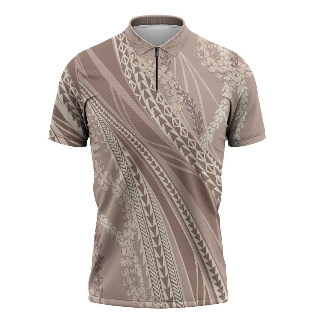 Polynesian Puakeniken Pikake Twisted Lei Zipper Polo Shirt Beige - Polynesian Pride