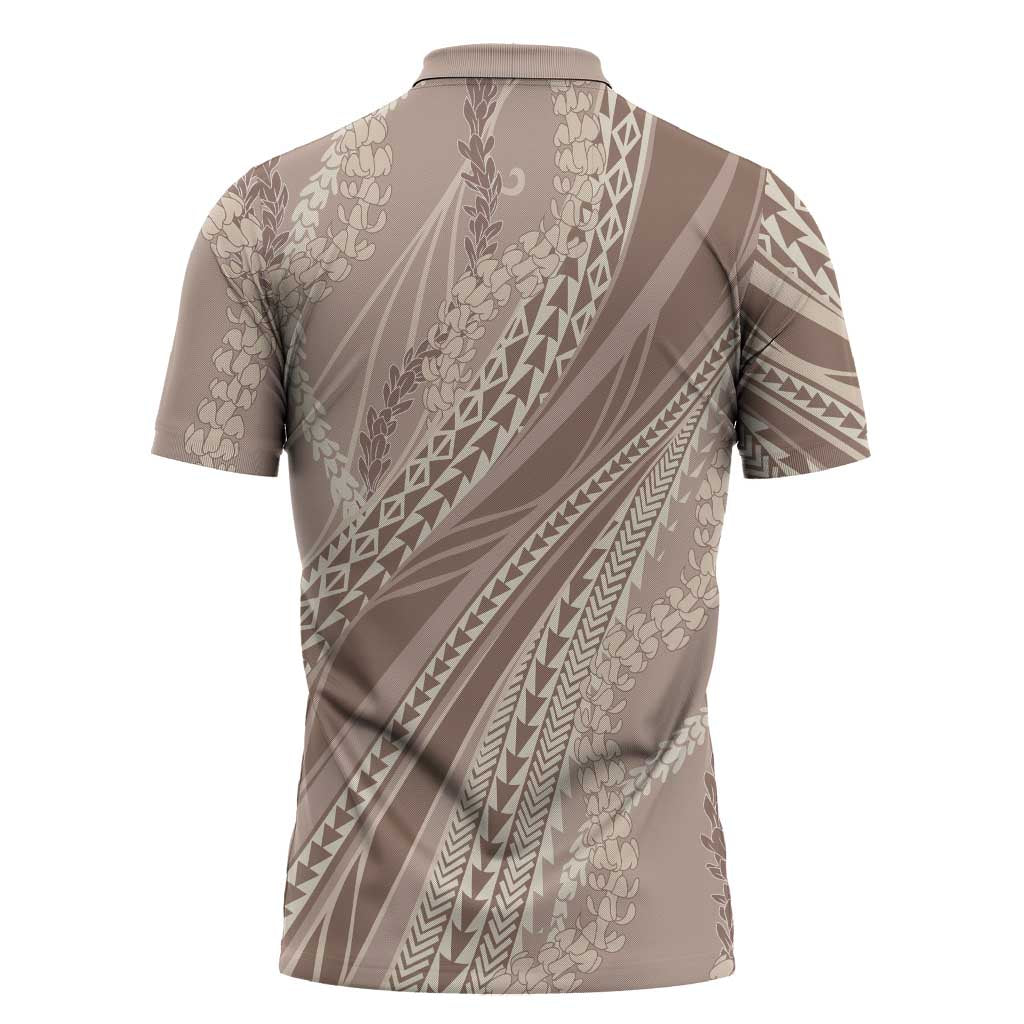 Polynesian Puakeniken Pikake Twisted Lei Zipper Polo Shirt Beige - Polynesian Pride