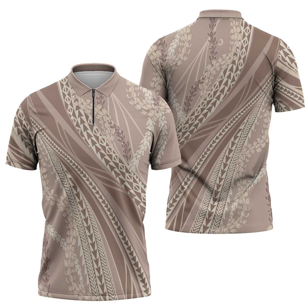 Polynesian Puakeniken Pikake Twisted Lei Zipper Polo Shirt Beige - Polynesian Pride