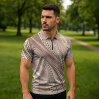 Polynesian Puakeniken Pikake Twisted Lei Zipper Polo Shirt Beige - Polynesian Pride