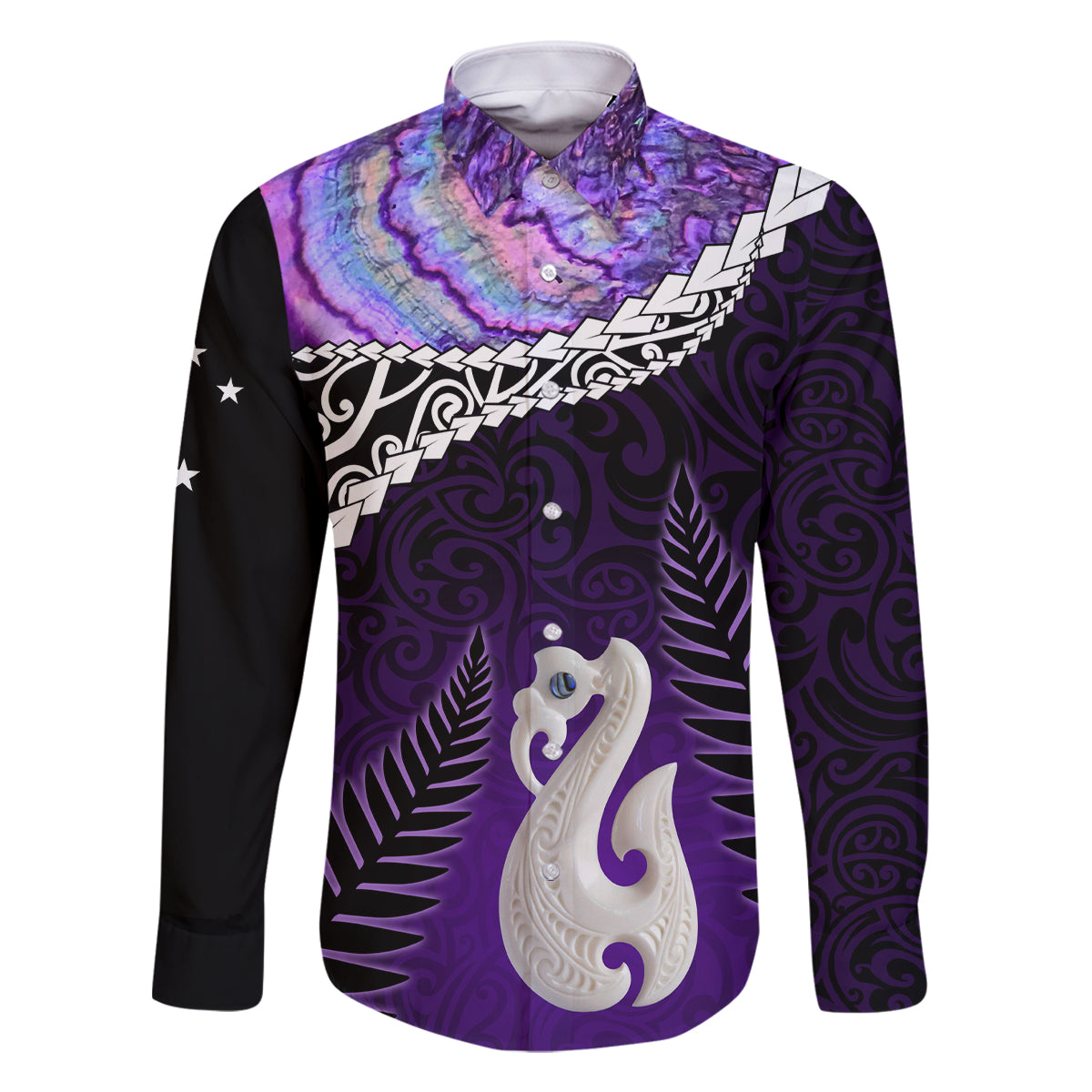 Personalised New Zealand Maori Family Matching Summer Maxi Dress and Hawaiian Shirt Manaia Paua Shell Purple LT7 Dad's Shirt - Long Sleeve Purple - Polynesian Pride