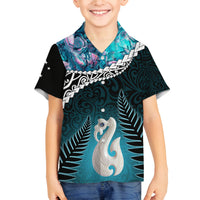Personalised New Zealand Maori Family Matching Off Shoulder Short Dress and Hawaiian Shirt Manaia Paua Shell Turquoise LT7 Son's Shirt Turquoise - Polynesian Pride