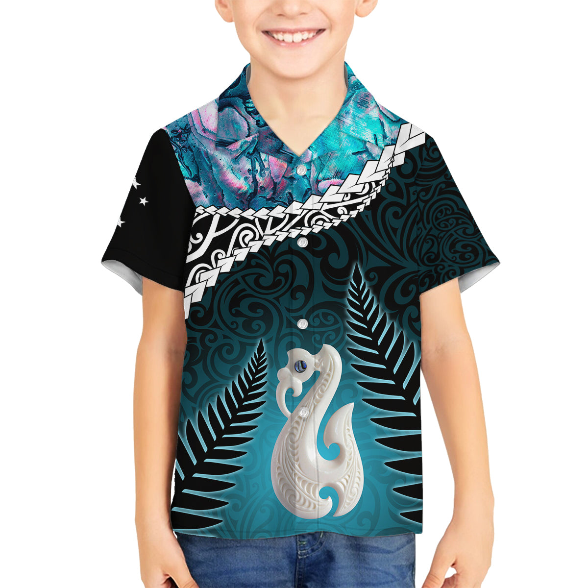 Personalised New Zealand Maori Family Matching Tank Maxi Dress and Hawaiian Shirt Manaia Paua Shell Turquoise LT7 Son's Shirt Turquoise - Polynesian Pride