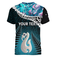 Personalised New Zealand Maori Women V Neck T Shirt Manaia Paua Shell Turquoise LT7 - Polynesian Pride