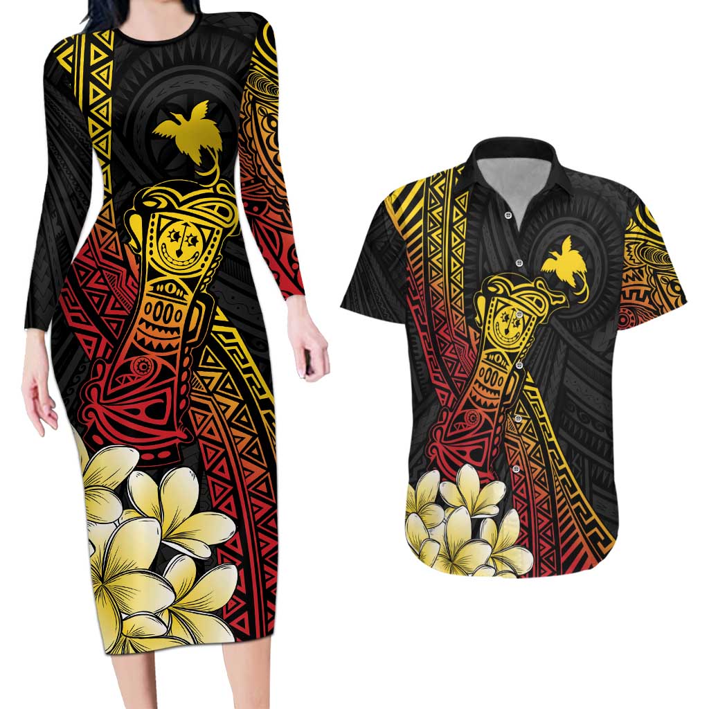 Personalized Papua New Guinea Couples Matching Long Sleeve Bodycon Dress and Hawaiian Shirt Kundu Drum Carving Motifs LT7 Black - Polynesian Pride
