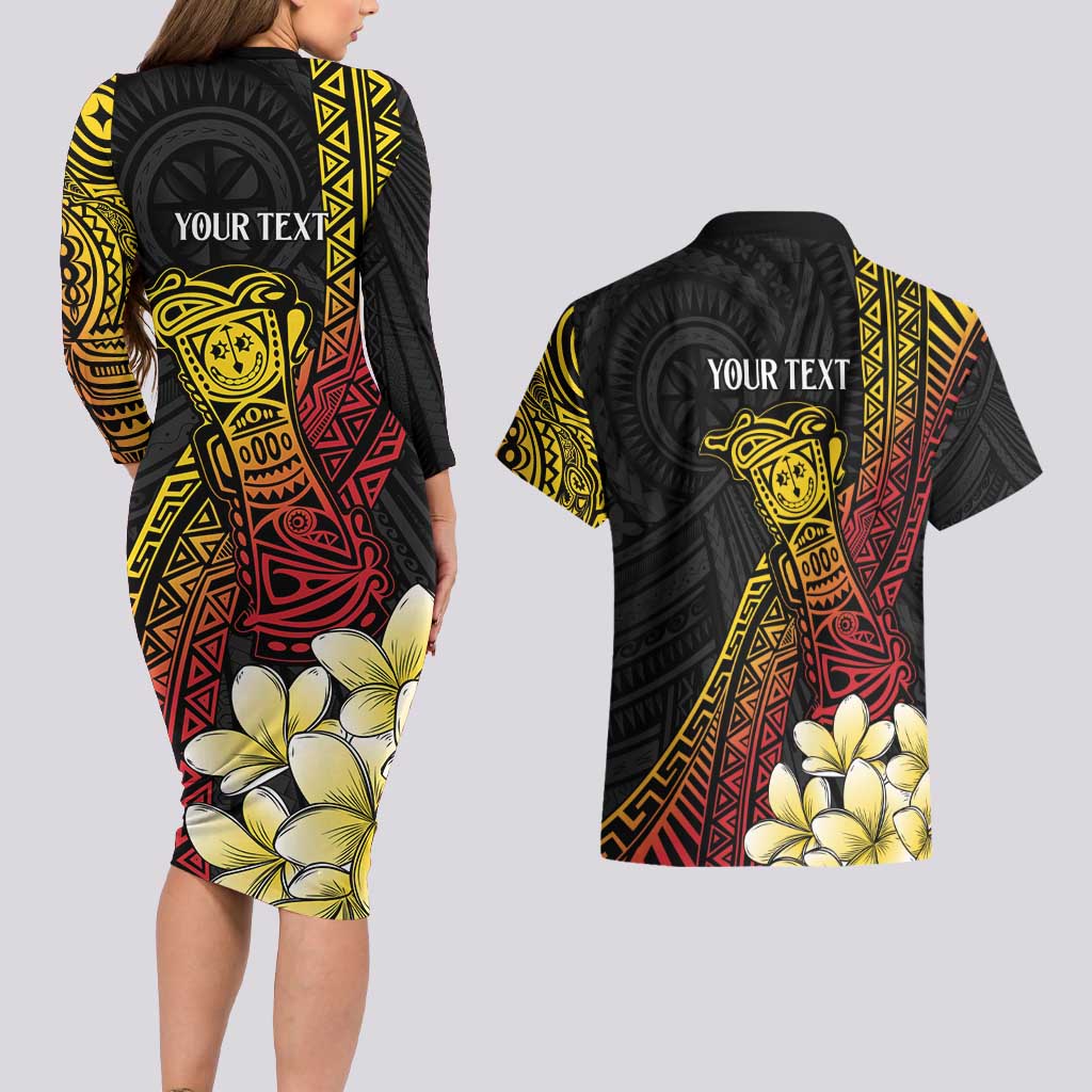 Personalized Papua New Guinea Couples Matching Long Sleeve Bodycon Dress and Hawaiian Shirt Kundu Drum Carving Motifs LT7 - Polynesian Pride