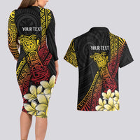 Personalized Papua New Guinea Couples Matching Long Sleeve Bodycon Dress and Hawaiian Shirt Kundu Drum Carving Motifs LT7 - Polynesian Pride