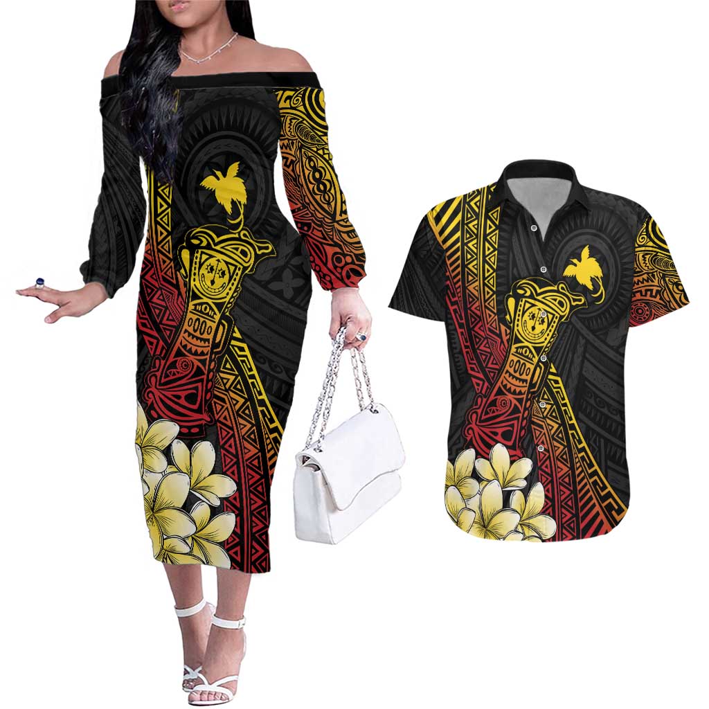 Personalized Papua New Guinea Couples Matching Off The Shoulder Long Sleeve Dress and Hawaiian Shirt Kundu Drum Carving Motifs