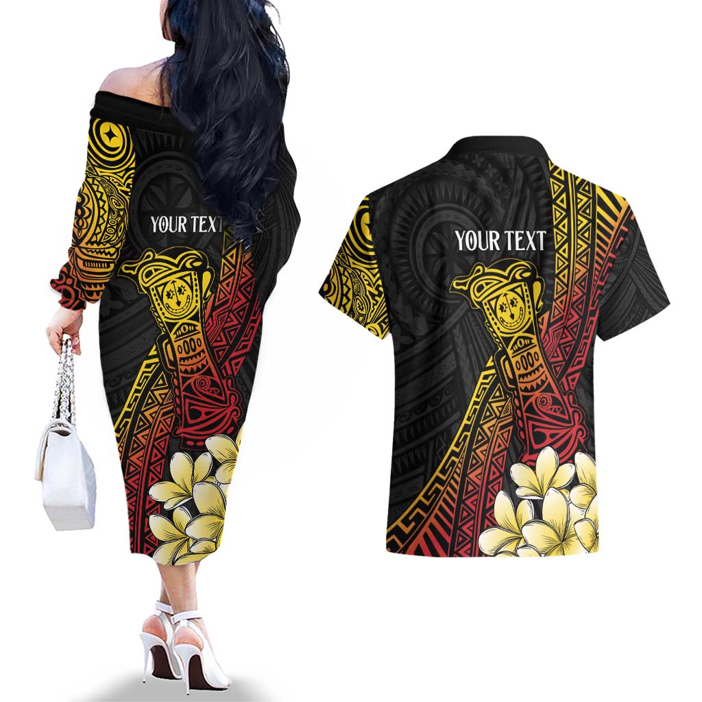 Personalized Papua New Guinea Couples Matching Off The Shoulder Long Sleeve Dress and Hawaiian Shirt Kundu Drum Carving Motifs LT7 - Polynesian Pride
