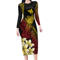 Personalized Papua New Guinea Family Matching Long Sleeve Bodycon Dress and Hawaiian Shirt Kundu Drum Carving Motifs LT7 Mom's Dress Black - Polynesian Pride