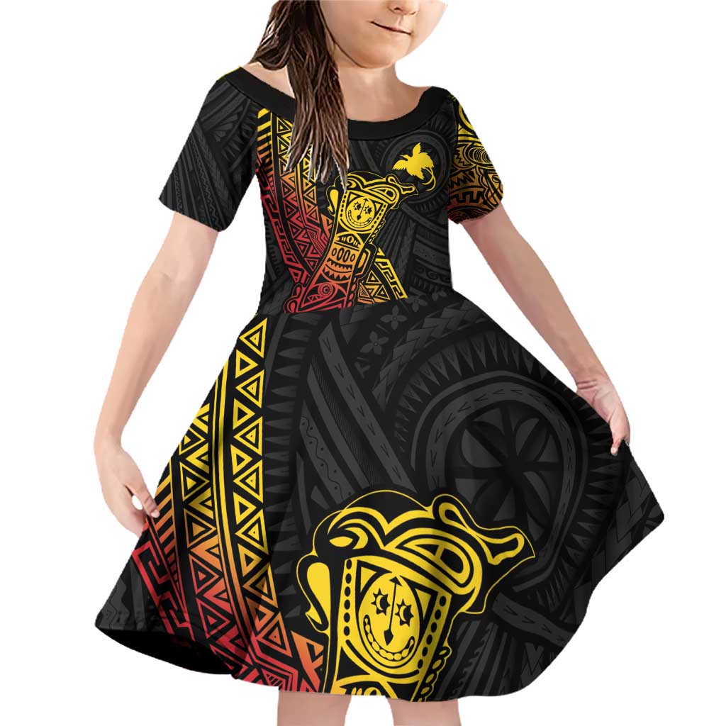 Personalized Papua New Guinea Family Matching Off Shoulder Short Dress and Hawaiian Shirt Kundu Drum Carving Motifs LT7 Daughter's Dress Black - Polynesian Pride