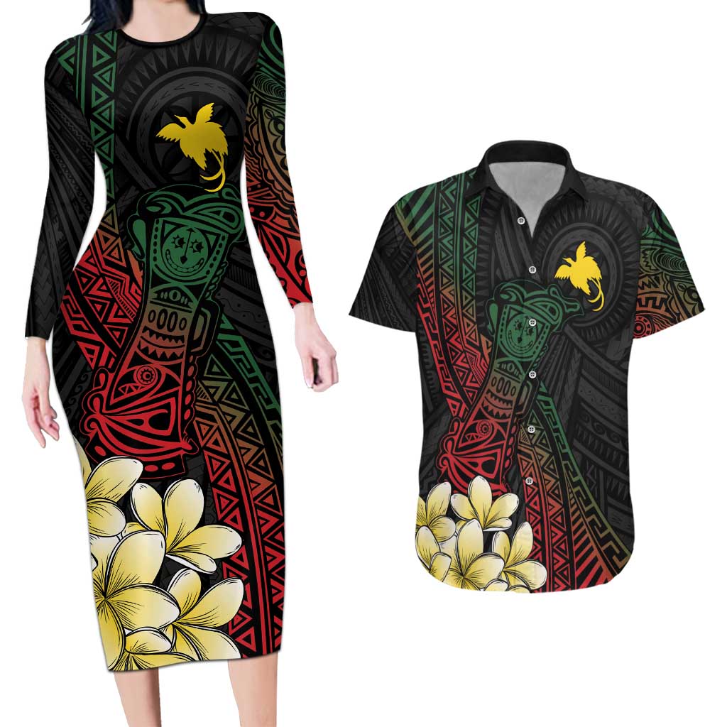 Personalized Papua New Guinea Couples Matching Long Sleeve Bodycon Dress and Hawaiian Shirt Kundu Drum Motifs - Sepik Colors LT7 Black - Polynesian Pride
