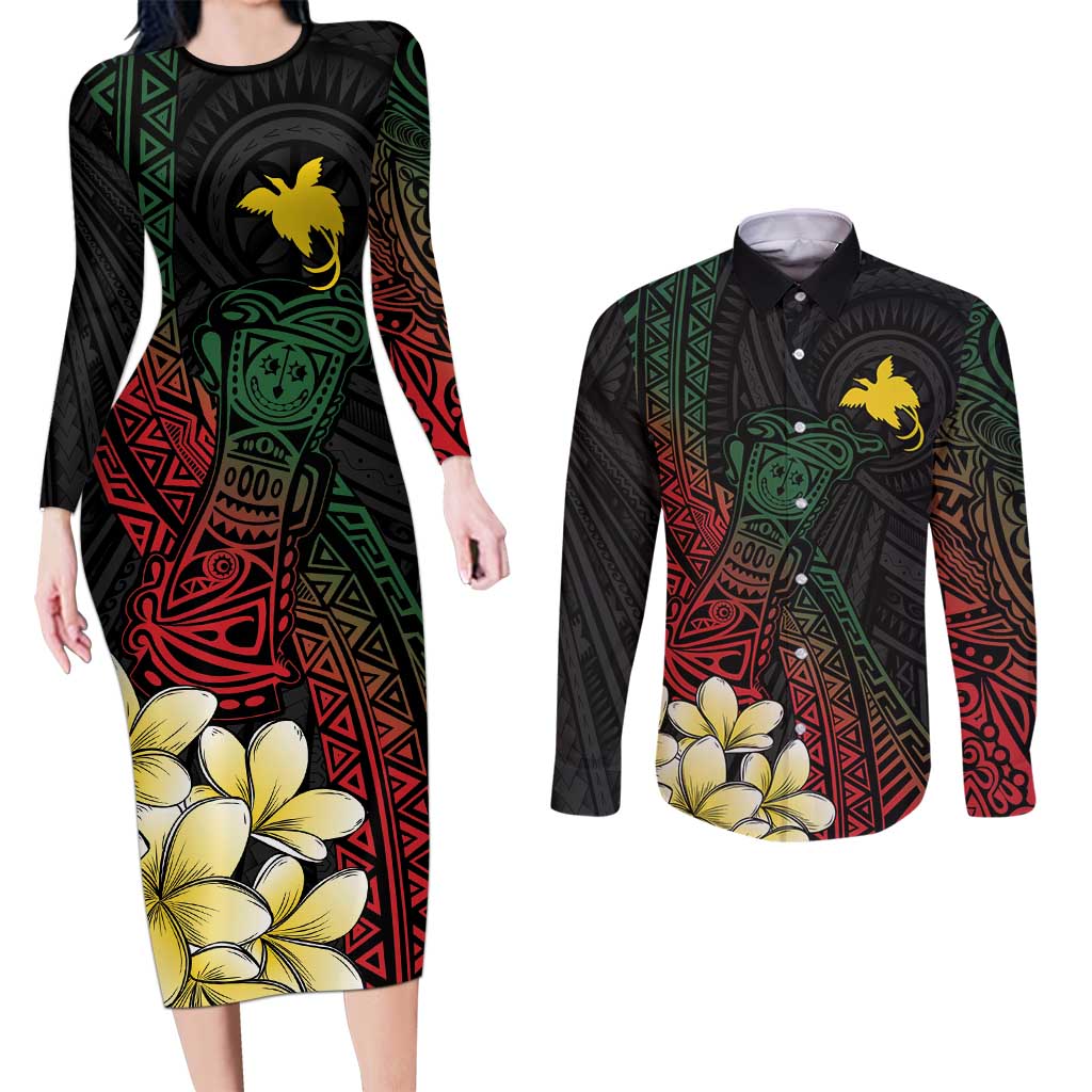 Personalized Papua New Guinea Couples Matching Long Sleeve Bodycon Dress and Long Sleeve Button Shirt Kundu Drum Motifs - Sepik Colors LT7 Black - Polynesian Pride