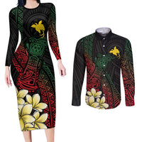 Personalized Papua New Guinea Couples Matching Long Sleeve Bodycon Dress and Long Sleeve Button Shirt Kundu Drum Motifs - Sepik Colors LT7 Black - Polynesian Pride