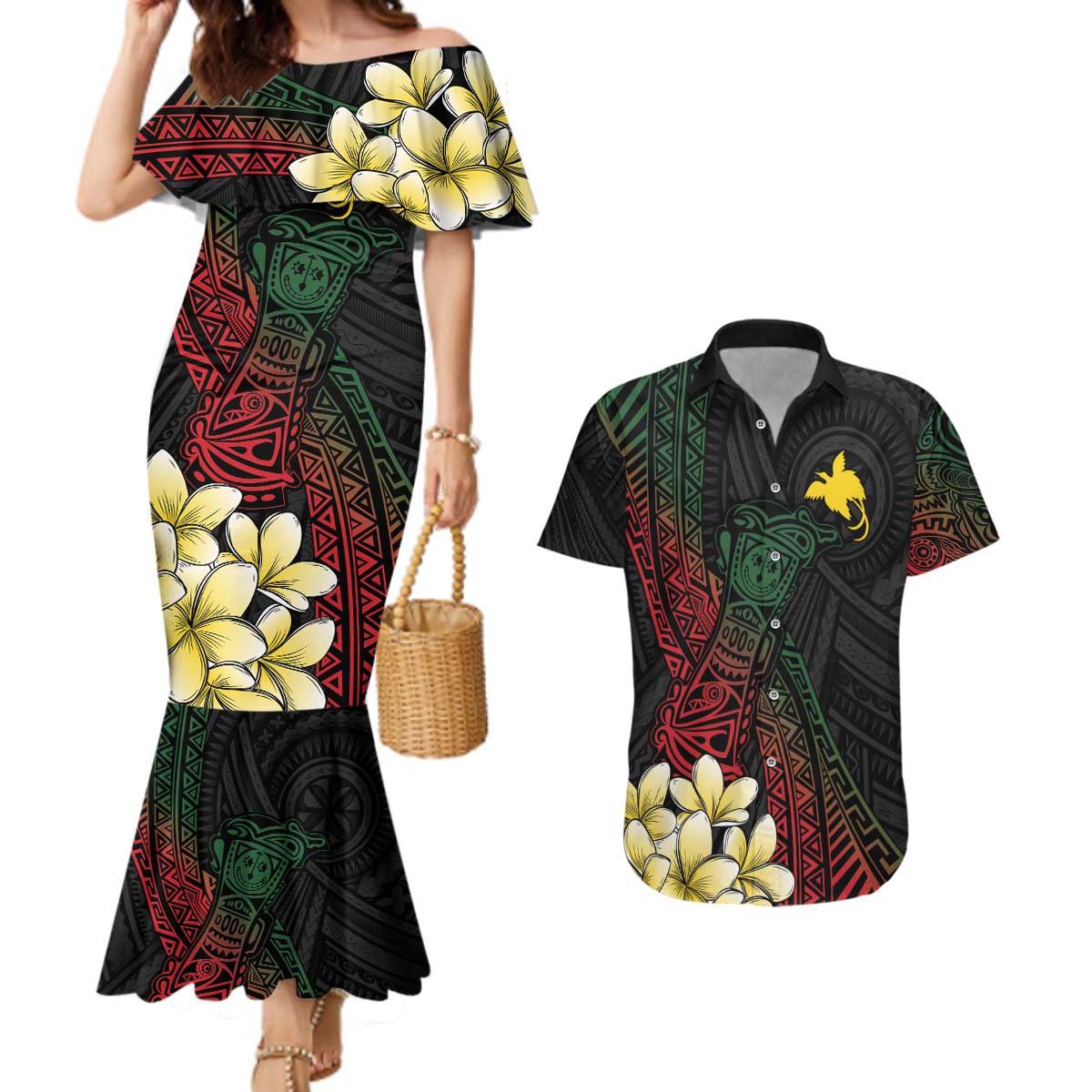 Personalized Papua New Guinea Couples Matching Mermaid Dress and Hawaiian Shirt Kundu Drum Motifs - Sepik Colors LT7 Black - Polynesian Pride