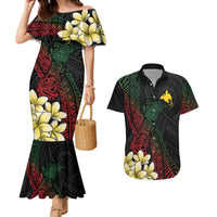 Personalized Papua New Guinea Couples Matching Mermaid Dress and Hawaiian Shirt Kundu Drum Motifs - Sepik Colors LT7 Black - Polynesian Pride