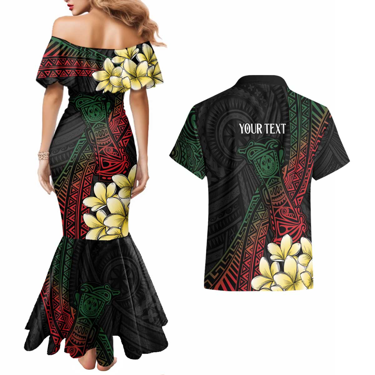 Personalized Papua New Guinea Couples Matching Mermaid Dress and Hawaiian Shirt Kundu Drum Motifs - Sepik Colors LT7 - Polynesian Pride