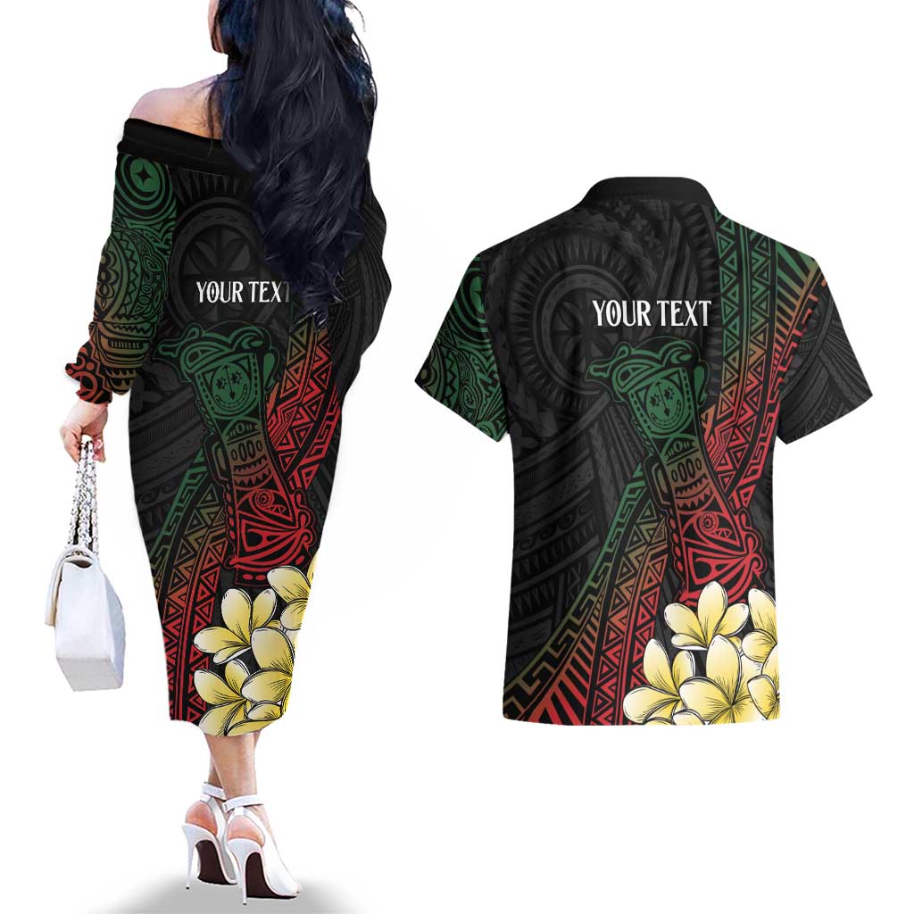 Personalized Papua New Guinea Couples Matching Off The Shoulder Long Sleeve Dress and Hawaiian Shirt Kundu Drum Motifs - Sepik Colors LT7 - Polynesian Pride