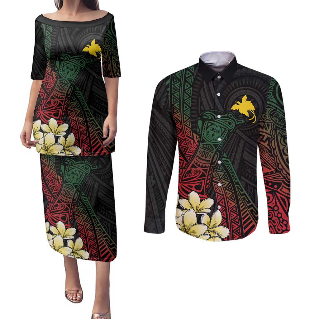Personalized Papua New Guinea Couples Matching Puletasi and Long Sleeve Button Shirt Kundu Drum Motifs - Sepik Colors