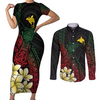 Personalized Papua New Guinea Couples Matching Short Sleeve Bodycon Dress and Long Sleeve Button Shirt Kundu Drum Motifs - Sepik Colors LT7 Black - Polynesian Pride