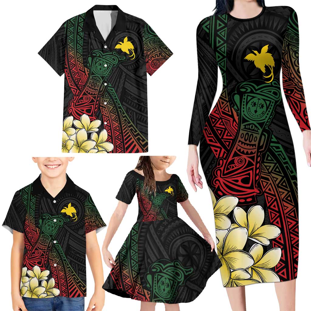 Personalized Papua New Guinea Family Matching Long Sleeve Bodycon Dress and Hawaiian Shirt Kundu Drum Motifs - Sepik Colors LT7 - Polynesian Pride