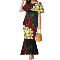 Personalized Papua New Guinea Family Matching Mermaid Dress and Hawaiian Shirt Kundu Drum Motifs - Sepik Colors LT7 Mom's Dress Black - Polynesian Pride