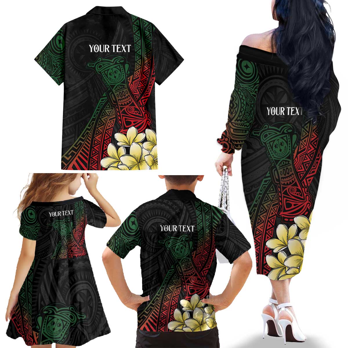 Personalized Papua New Guinea Family Matching Off The Shoulder Long Sleeve Dress and Hawaiian Shirt Kundu Drum Motifs - Sepik Colors LT7 - Polynesian Pride