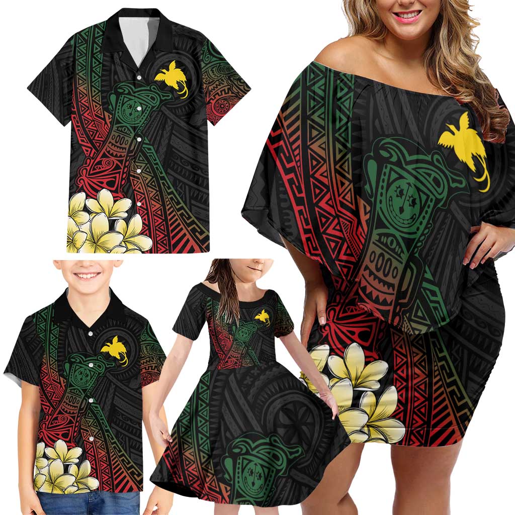 Personalized Papua New Guinea Family Matching Off Shoulder Short Dress and Hawaiian Shirt Kundu Drum Motifs - Sepik Colors LT7 - Polynesian Pride