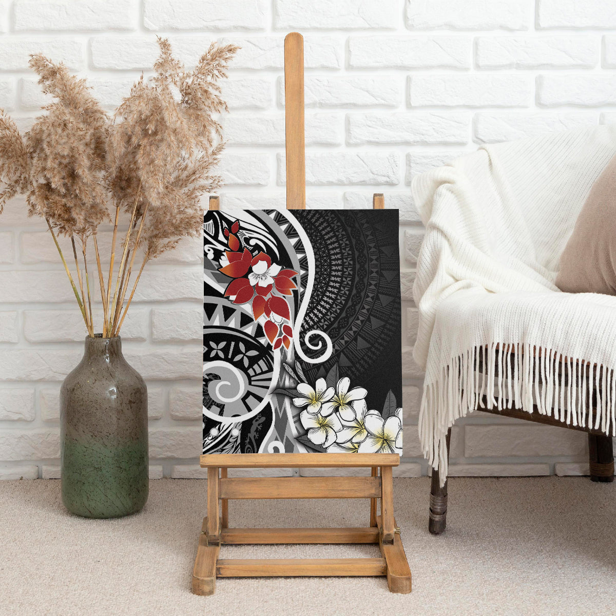 Bula Fiji Tagimaucia Mix Plumeria Masi Tapa Canvas Wall Art Black