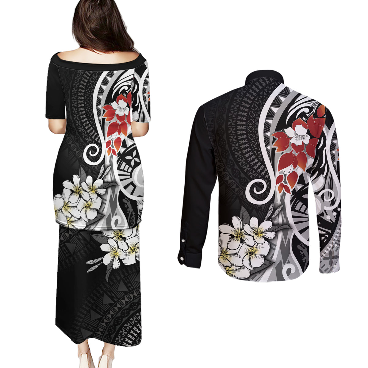 Bula Fiji Tagimaucia Mix Plumeria Masi Tapa Couples Matching Puletasi and Long Sleeve Button Shirt Black LT7 - Polynesian Pride