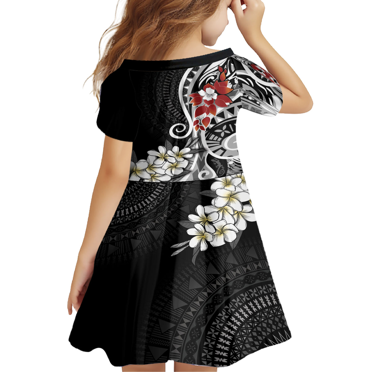 Bula Fiji Tagimaucia Mix Plumeria Masi Tapa Family Matching Short Sleeve Bodycon Dress and Hawaiian Shirt Black LT7 - Polynesian Pride
