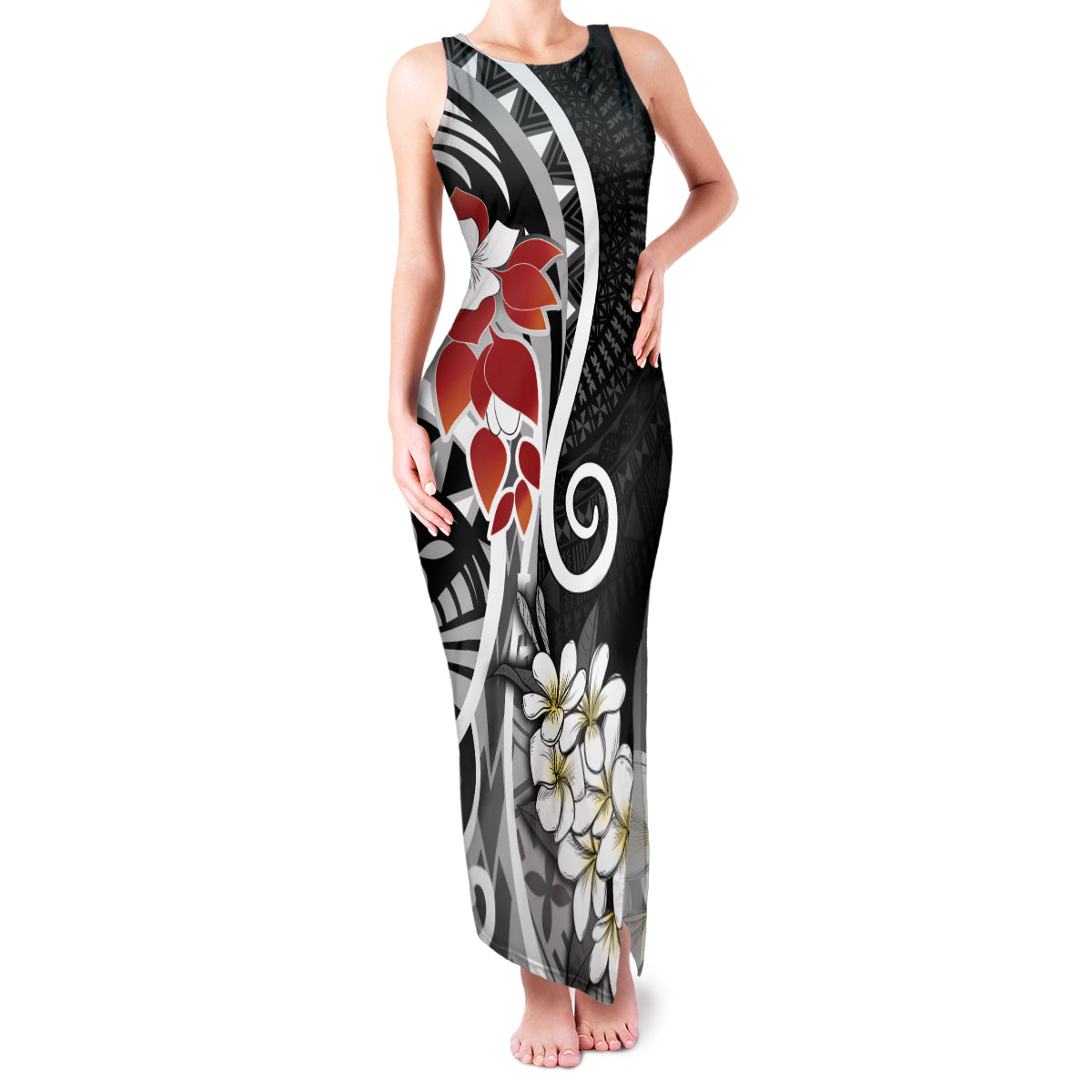 Bula Fiji Tagimaucia Mix Plumeria Masi Tapa Family Matching Tank Maxi Dress and Hawaiian Shirt Black LT7 Mom's Dress Black - Polynesian Pride