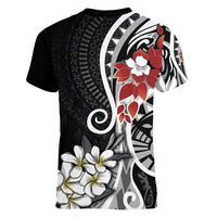 Bula Fiji Tagimaucia Mix Plumeria Masi Tapa Women V Neck T Shirt Black LT7 - Polynesian Pride