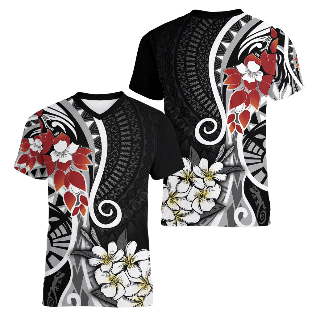 Bula Fiji Tagimaucia Mix Plumeria Masi Tapa Women V Neck T Shirt Black LT7 - Polynesian Pride