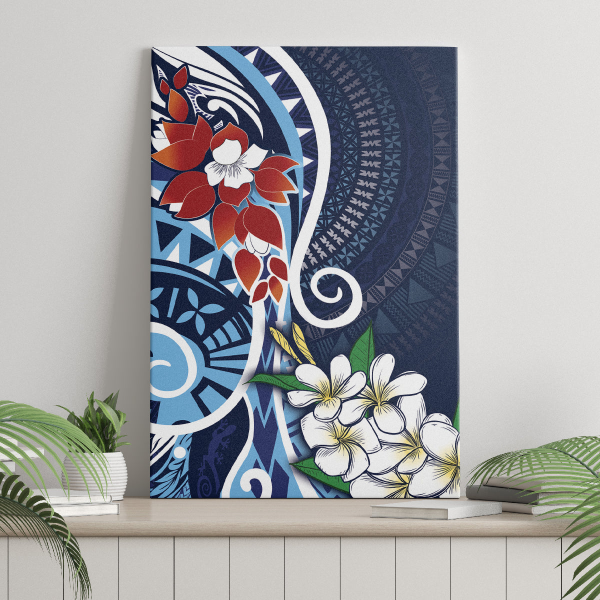 Bula Fiji Tagimaucia Mix Plumeria Masi Tapa Canvas Wall Art Blue LT7 - Polynesian Pride