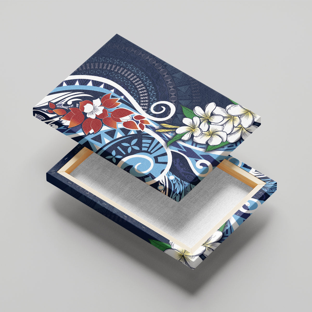 Bula Fiji Tagimaucia Mix Plumeria Masi Tapa Canvas Wall Art Blue LT7 - Polynesian Pride