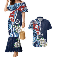 Bula Fiji Tagimaucia Mix Plumeria Masi Tapa Couples Matching Mermaid Dress and Hawaiian Shirt Blue LT7 Blue - Polynesian Pride