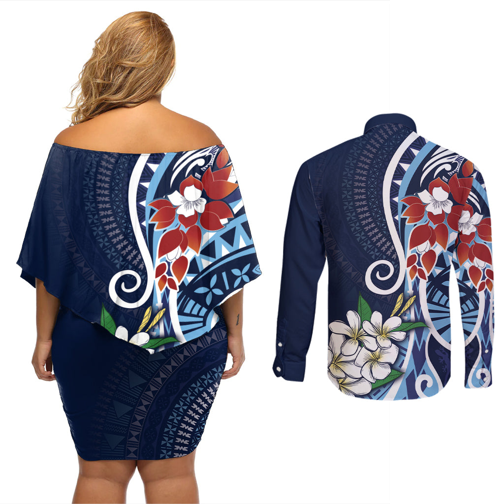 Bula Fiji Tagimaucia Mix Plumeria Masi Tapa Couples Matching Off Shoulder Short Dress and Long Sleeve Button Shirt Blue LT7 - Polynesian Pride