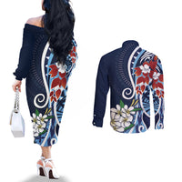 Bula Fiji Tagimaucia Mix Plumeria Masi Tapa Couples Matching Off The Shoulder Long Sleeve Dress and Long Sleeve Button Shirt Blue LT7 - Polynesian Pride