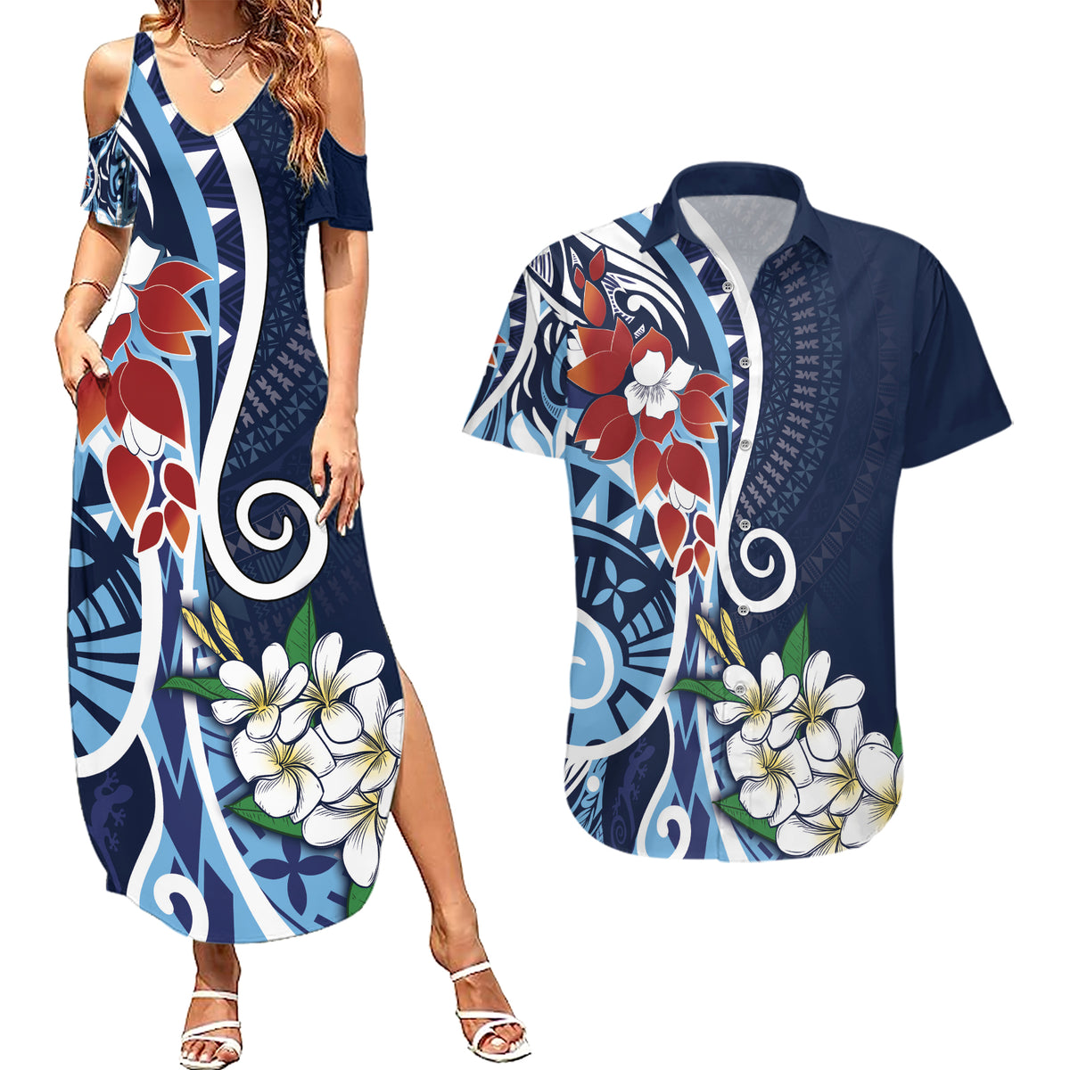 Bula Fiji Tagimaucia Mix Plumeria Masi Tapa Couples Matching Summer Maxi Dress and Hawaiian Shirt Blue LT7 Blue - Polynesian Pride