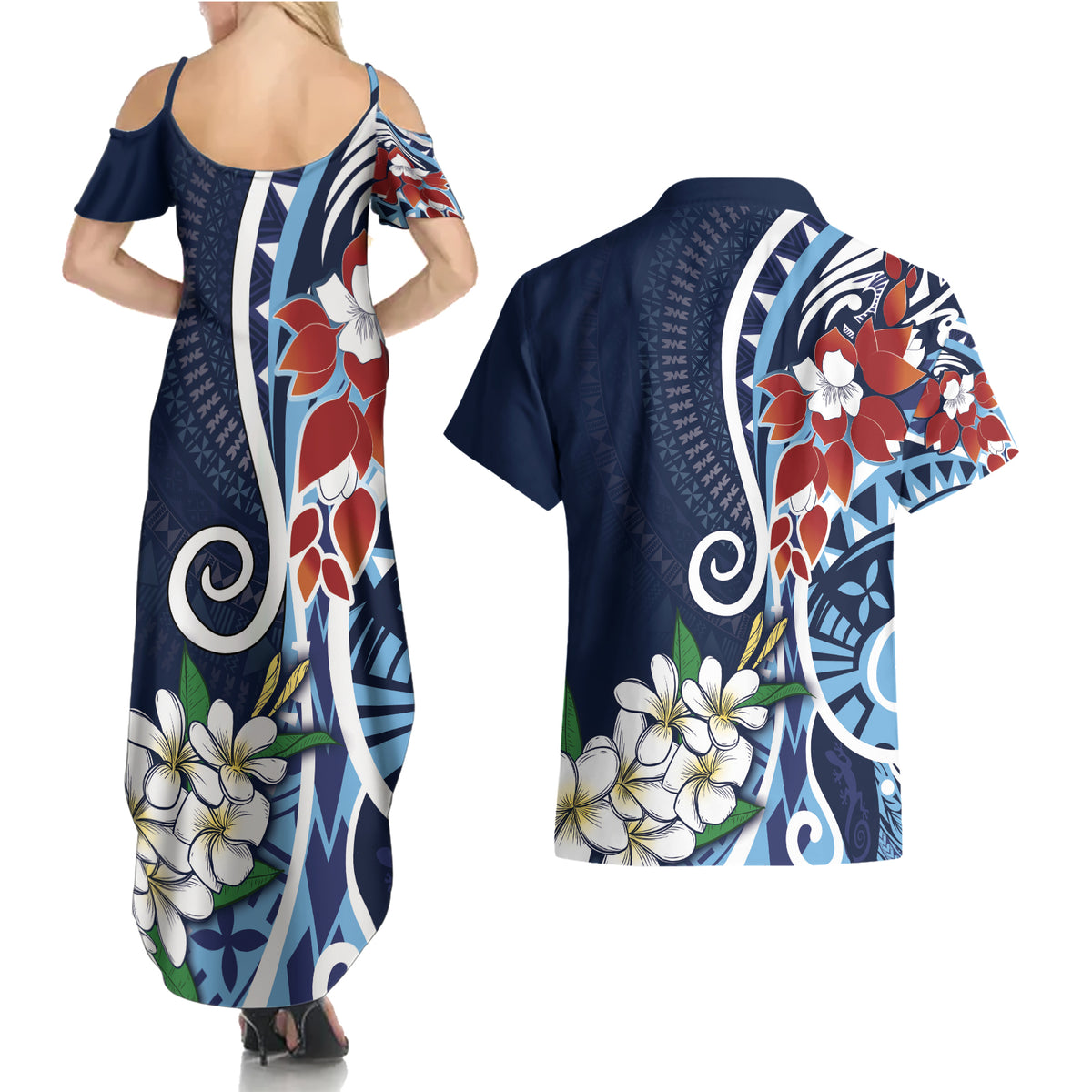 Bula Fiji Tagimaucia Mix Plumeria Masi Tapa Couples Matching Summer Maxi Dress and Hawaiian Shirt Blue LT7 - Polynesian Pride