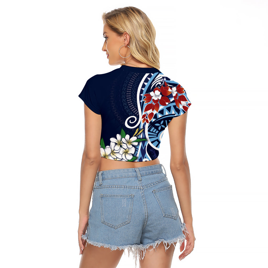 Bula Fiji Tagimaucia Mix Plumeria Masi Tapa Raglan Cropped T Shirt Blue LT7 - Polynesian Pride