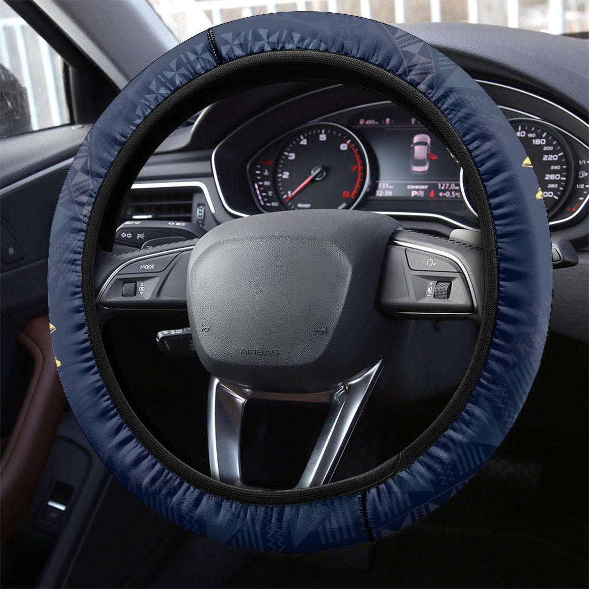 Bula Fiji Tagimaucia Mix Plumeria Masi Tapa Steering Wheel Cover Blue