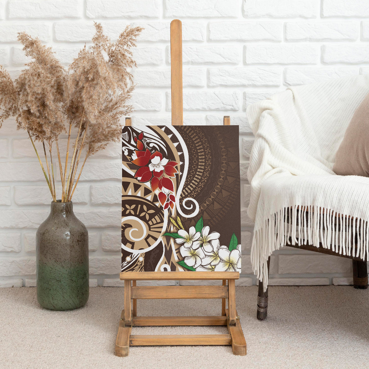 Bula Fiji Tagimaucia Mix Plumeria Masi Tapa Canvas Wall Art Brown
