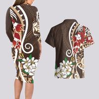Bula Fiji Tagimaucia Mix Plumeria Masi Tapa Couples Matching Long Sleeve Bodycon Dress and Hawaiian Shirt Brown LT7 - Polynesian Pride