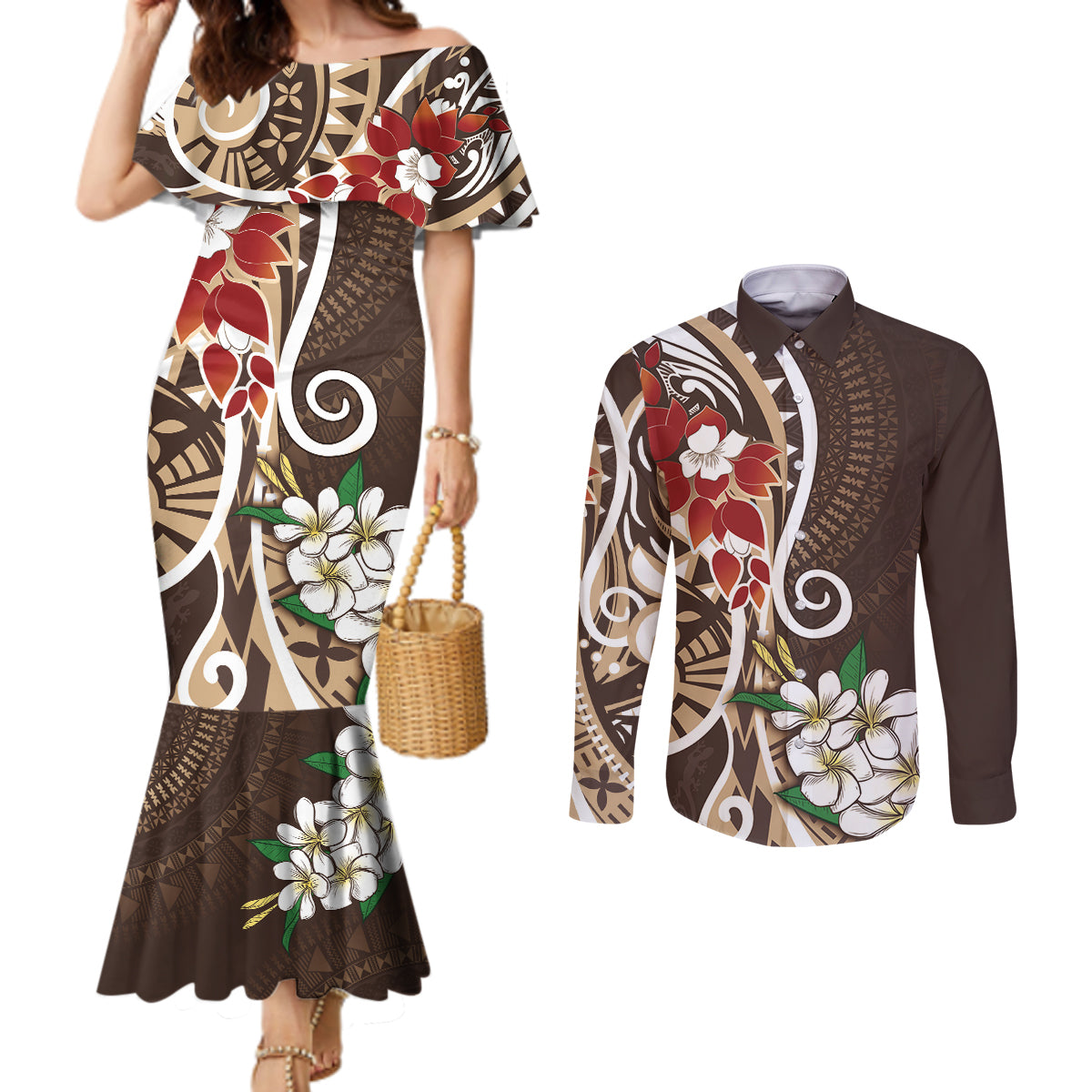 Bula Fiji Tagimaucia Mix Plumeria Masi Tapa Couples Matching Mermaid Dress and Long Sleeve Button Shirt Brown LT7 Brown - Polynesian Pride