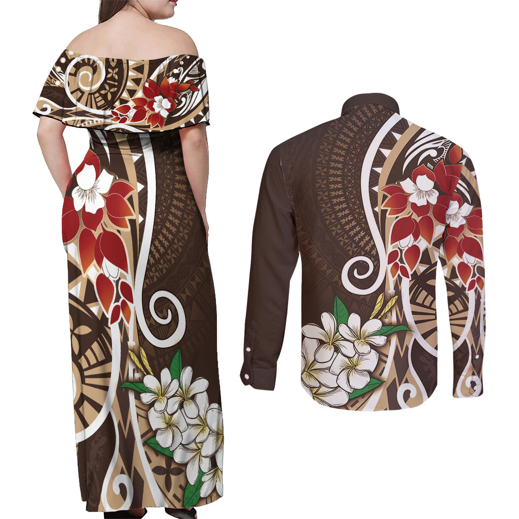 Bula Fiji Tagimaucia Mix Plumeria Masi Tapa Couples Matching Off Shoulder Maxi Dress and Long Sleeve Button Shirt Brown LT7 - Polynesian Pride